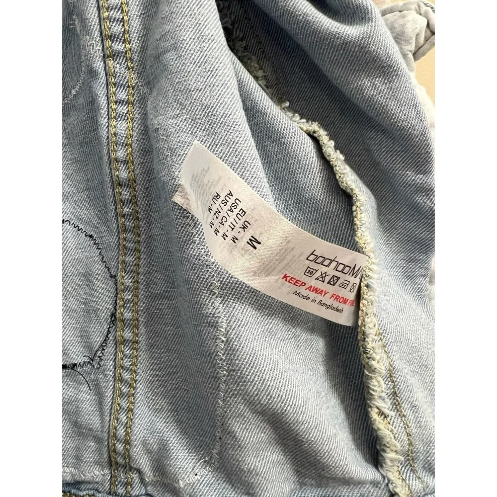Boohoo Man Embroidered Meditate Varsity Light Wash Denim Jacket Size M